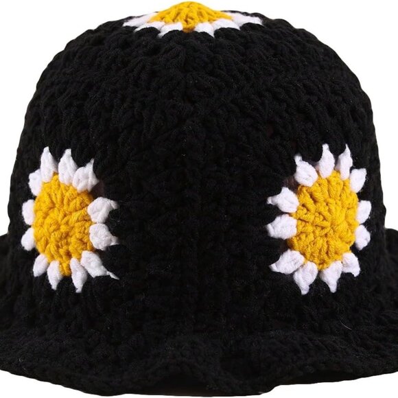 One Handmade Crochet Sunflower Decorated Color Blocking Bucket Hat For Women